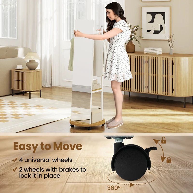 Coat Rack with Full Length Mirror Freestanding Coat Tree with 3 Hooks, Natural