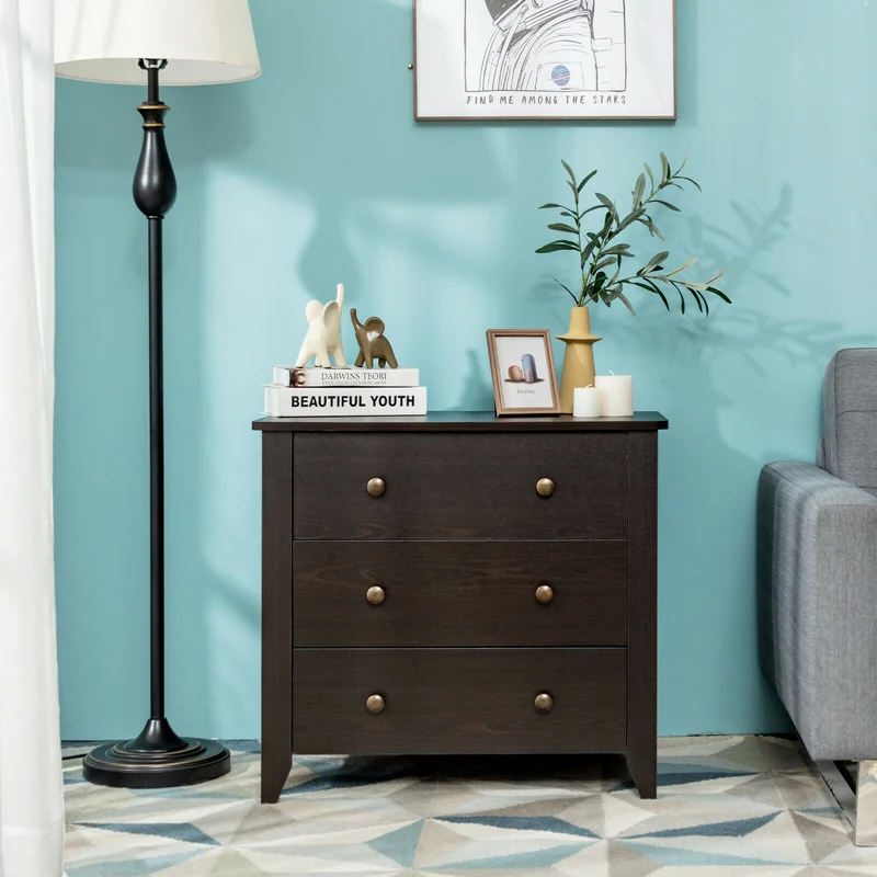 3 Drawer Dresser Chest, Dark Brown