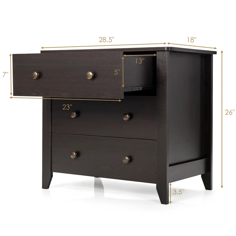 3 Drawer Dresser Chest, Dark Brown