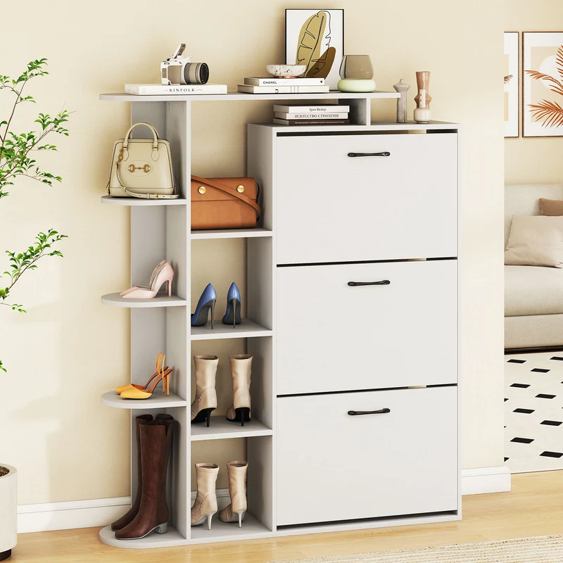 Shoe Cabinet with Open Shelves Modern Shoe Organizer with 3 Flip Drawers, White