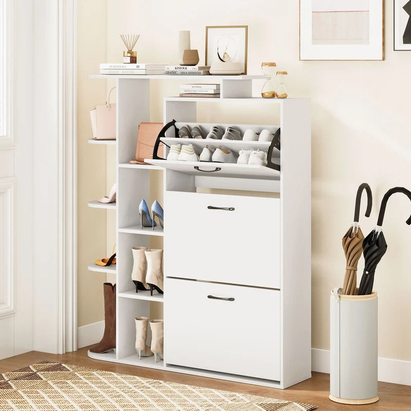 Shoe Cabinet with Open Shelves Modern Shoe Organizer with 3 Flip Drawers, White