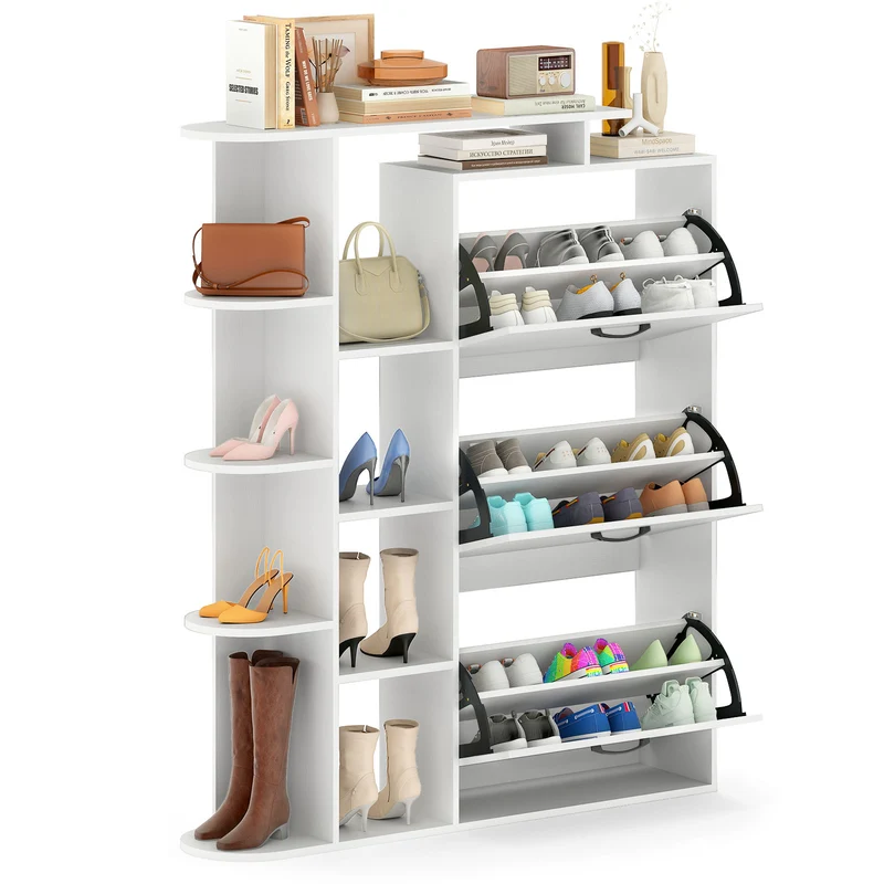 Shoe Cabinet with Open Shelves Modern Shoe Organizer with 3 Flip Drawers, White