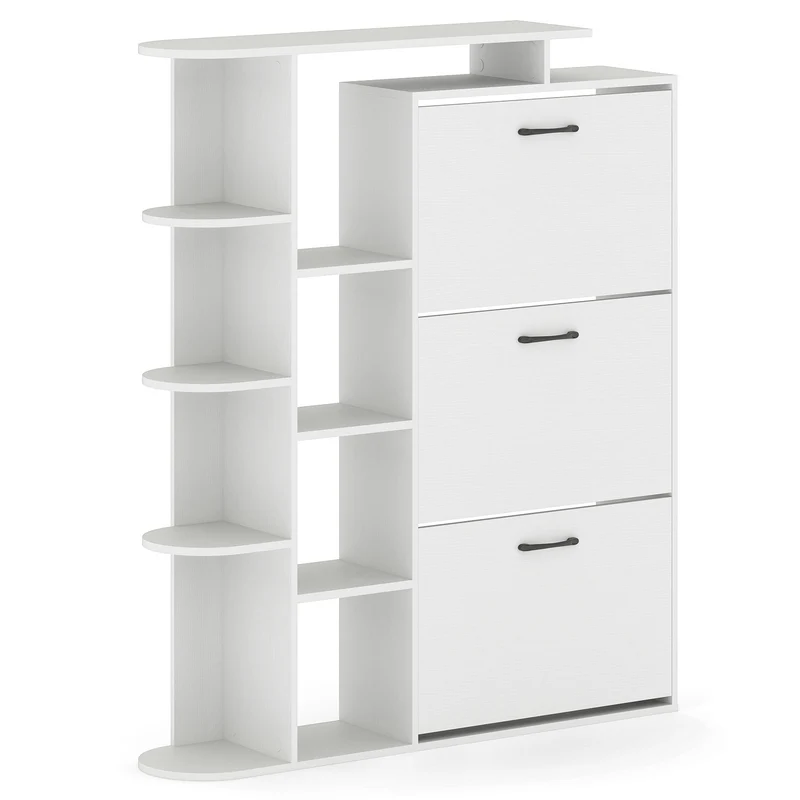 Shoe Cabinet with Open Shelves Modern Shoe Organizer with 3 Flip Drawers, White