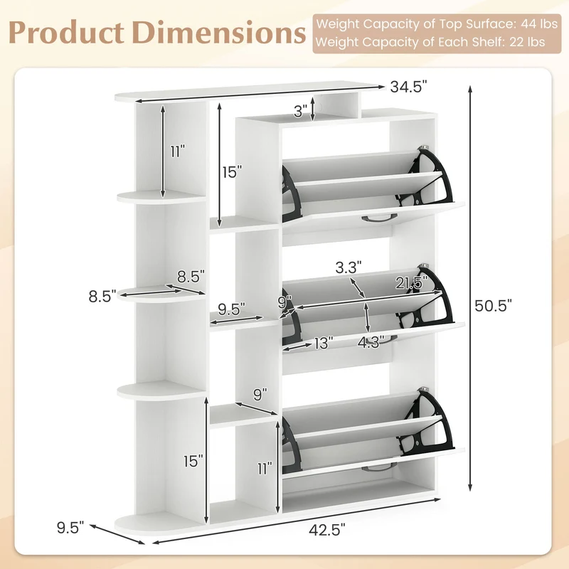 Shoe Cabinet with Open Shelves Modern Shoe Organizer with 3 Flip Drawers, White