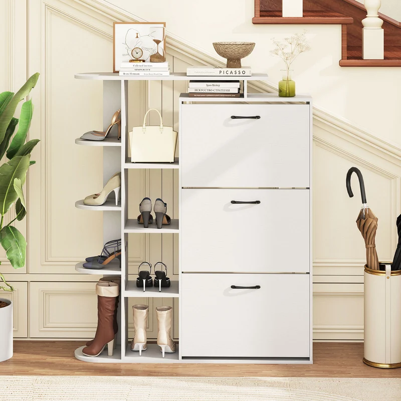 Shoe Cabinet with Open Shelves Modern Shoe Organizer with 3 Flip Drawers, White
