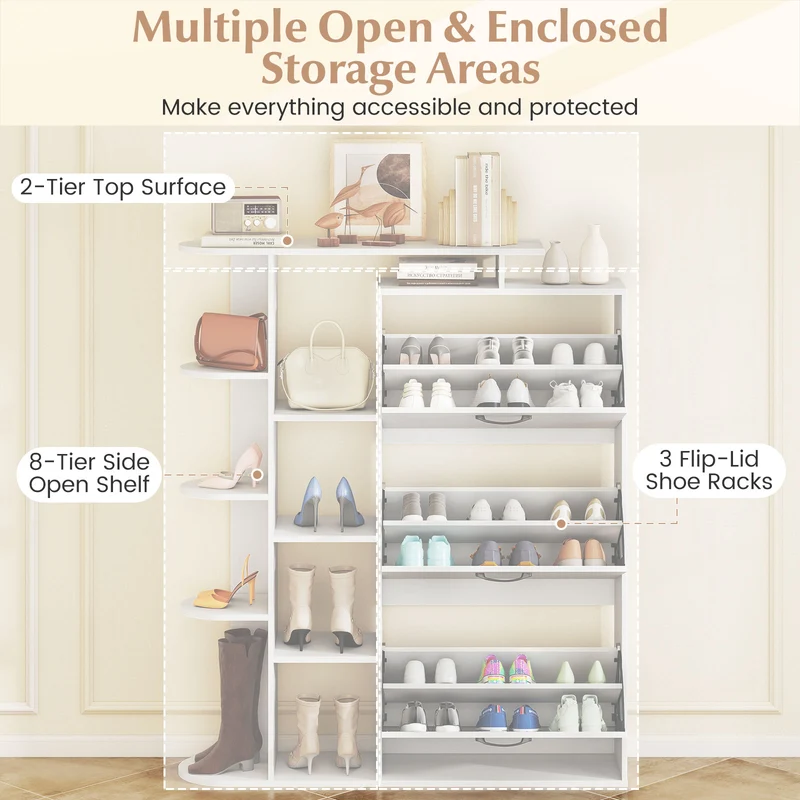 Shoe Cabinet with Open Shelves Modern Shoe Organizer with 3 Flip Drawers, White