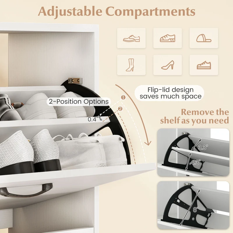 Shoe Cabinet with Open Shelves Modern Shoe Organizer with 3 Flip Drawers, White