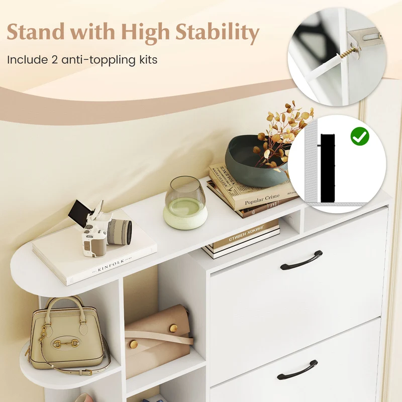 Shoe Cabinet with Open Shelves Modern Shoe Organizer with 3 Flip Drawers, White