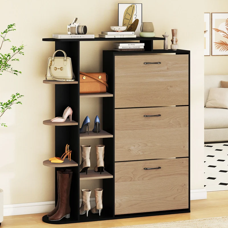 Shoe Cabinet with Open Shelves Modern Shoe Organizer with 3 Flip Drawers, Black