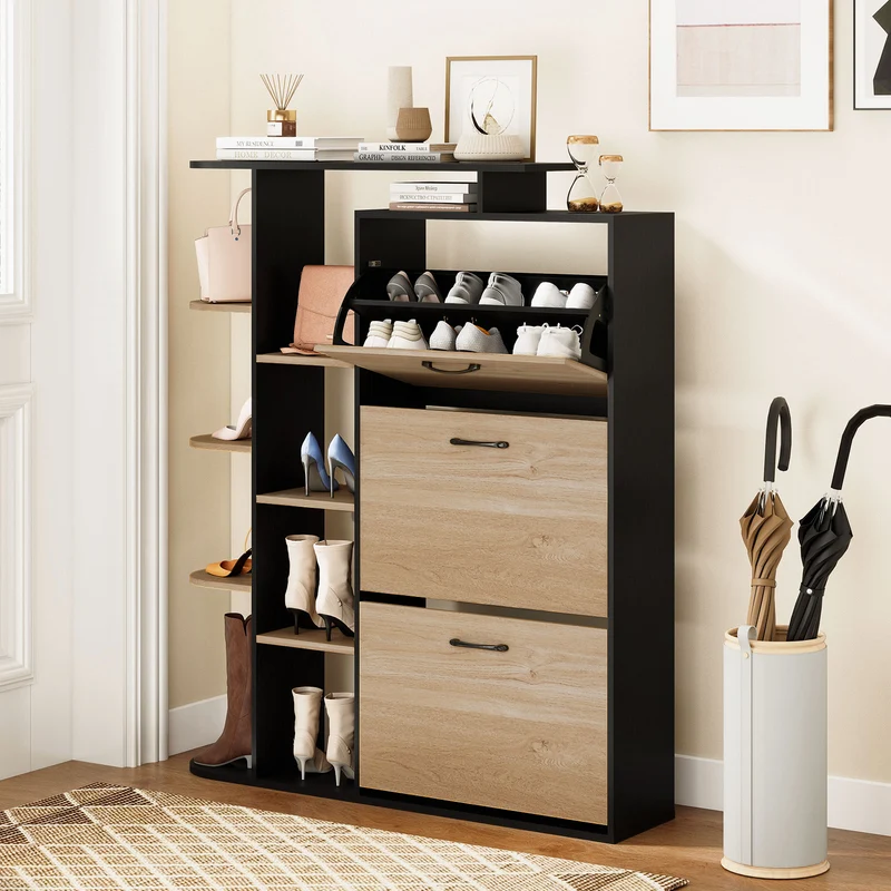 Shoe Cabinet with Open Shelves Modern Shoe Organizer with 3 Flip Drawers, Black