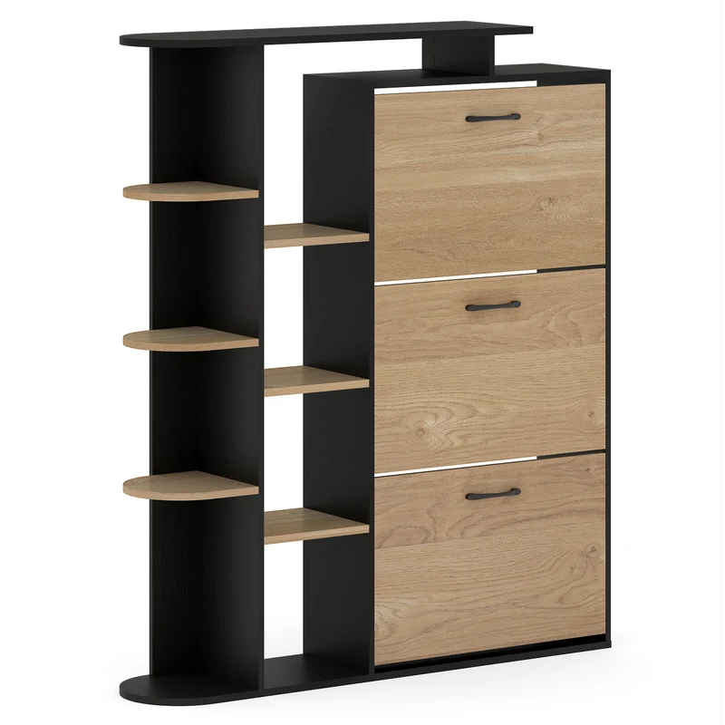 Shoe Cabinet with Open Shelves Modern Shoe Organizer with 3 Flip Drawers, Black
