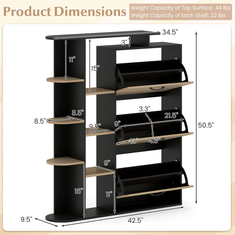 Shoe Cabinet with Open Shelves Modern Shoe Organizer with 3 Flip Drawers, Black