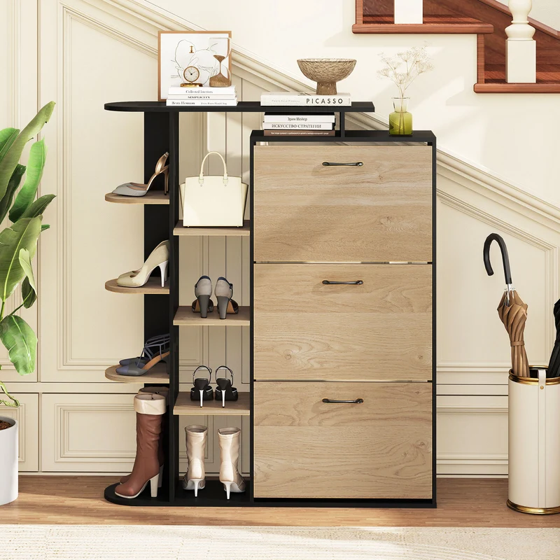 Shoe Cabinet with Open Shelves Modern Shoe Organizer with 3 Flip Drawers, Black