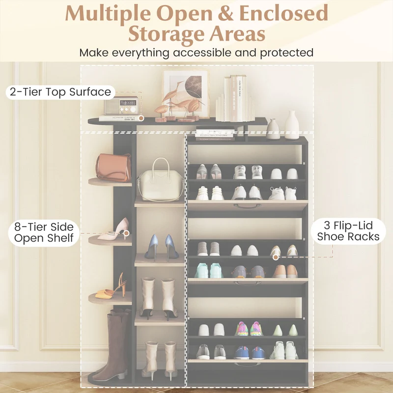 Shoe Cabinet with Open Shelves Modern Shoe Organizer with 3 Flip Drawers, Black