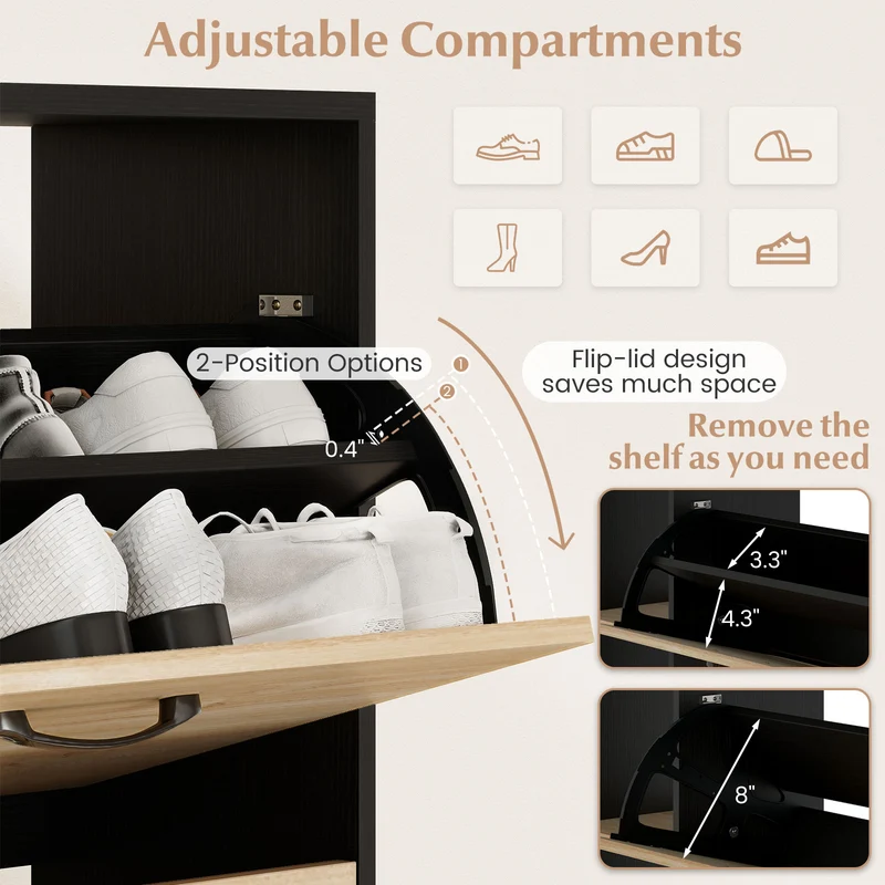 Shoe Cabinet with Open Shelves Modern Shoe Organizer with 3 Flip Drawers, Black
