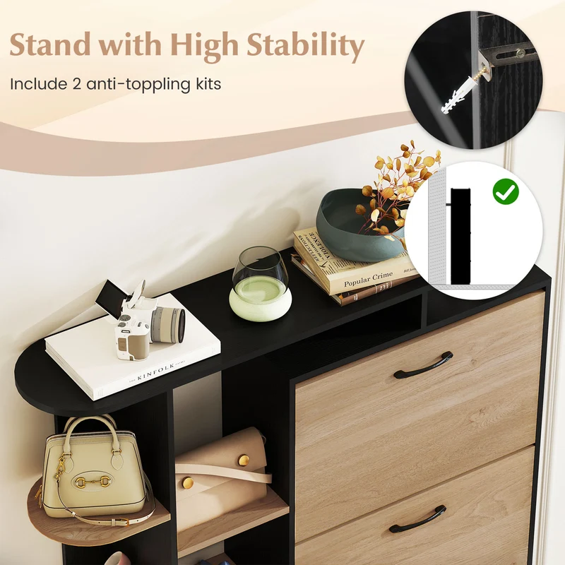 Shoe Cabinet with Open Shelves Modern Shoe Organizer with 3 Flip Drawers, Black