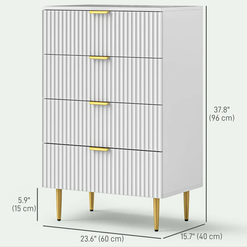 Modern 4 Drawer Dresser, Gold Legs, Bedroom Chest, White