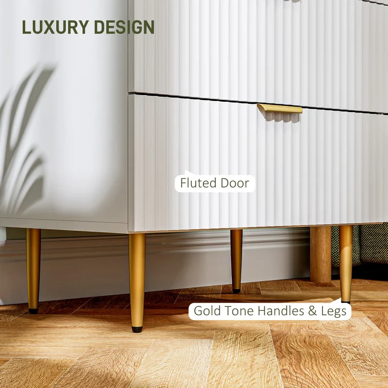Modern 4 Drawer Dresser, Gold Legs, Bedroom Chest, White