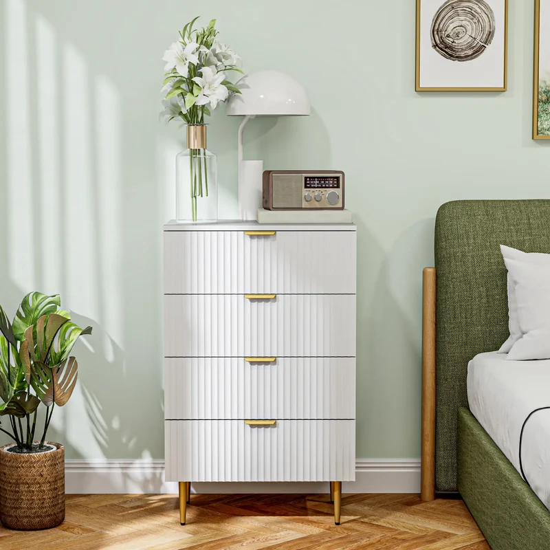 Modern 4 Drawer Dresser, Gold Legs, Bedroom Chest, White