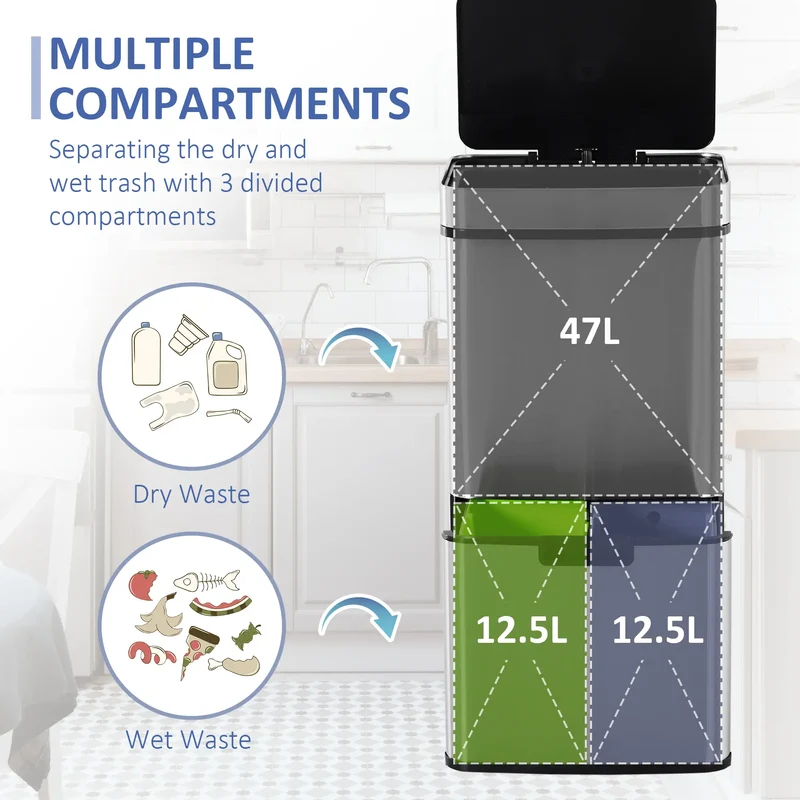Sensor Trash Can, 19 Gallon Stainless Steel, 3 Compartments, Silver