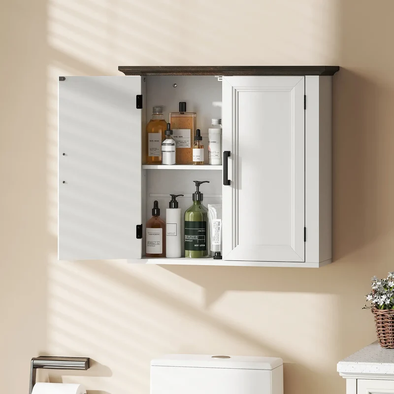 Farmhouse Medicine Cabinet, Wall Mounted, 2 Doors, Adjustable Shelf, White