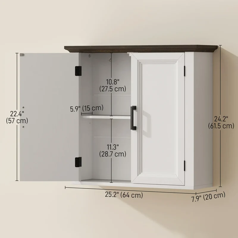 Farmhouse Medicine Cabinet, Wall Mounted, 2 Doors, Adjustable Shelf, White