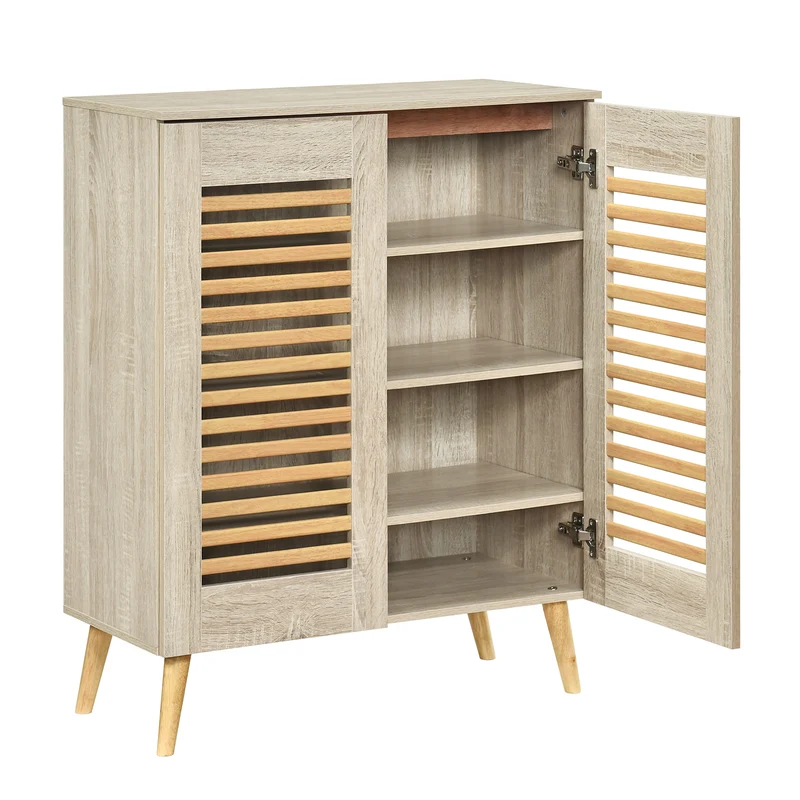 Shoe Cabinet with Louvered Doors and Removable Shelves, Natural