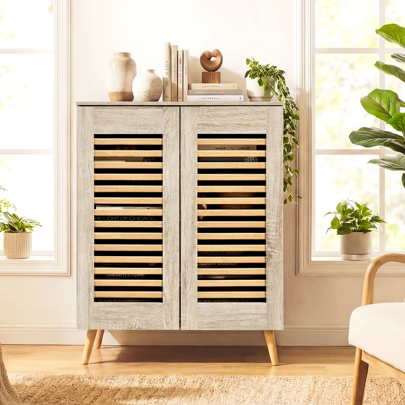 Shoe Cabinet with Louvered Doors and Removable Shelves, Natural
