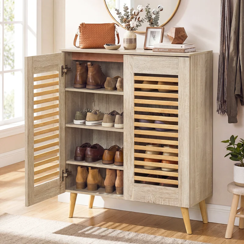 Shoe Cabinet with Louvered Doors and Removable Shelves, Natural