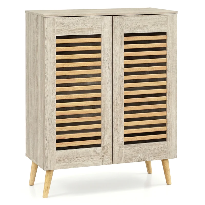 Shoe Cabinet with Louvered Doors and Removable Shelves, Natural