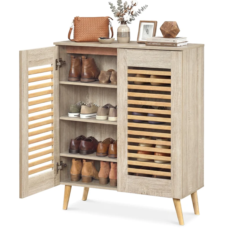 Shoe Cabinet with Louvered Doors and Removable Shelves, Natural