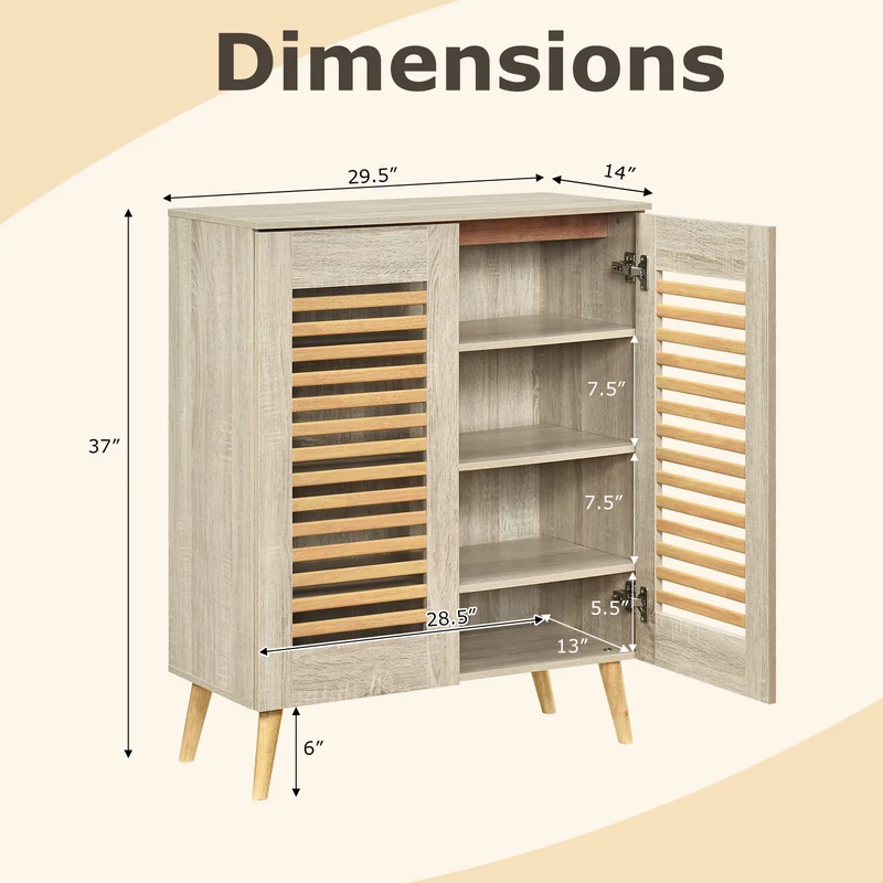 Shoe Cabinet with Louvered Doors and Removable Shelves, Natural