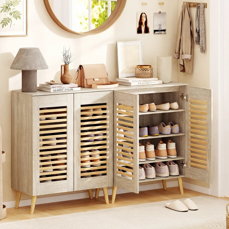 Shoe Cabinet with Louvered Doors and Removable Shelves, Natural