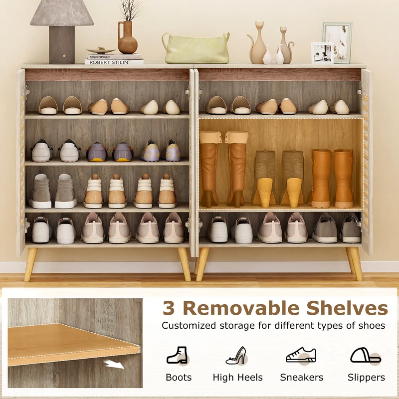 Shoe Cabinet with Louvered Doors and Removable Shelves, Natural