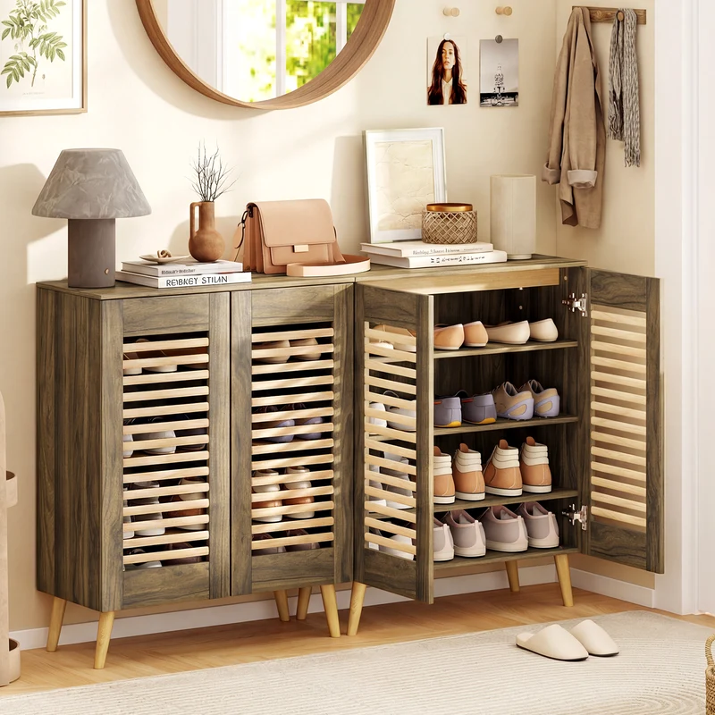 Shoe Cabinet with Louvered Doors and Removable Shelves, Walnut