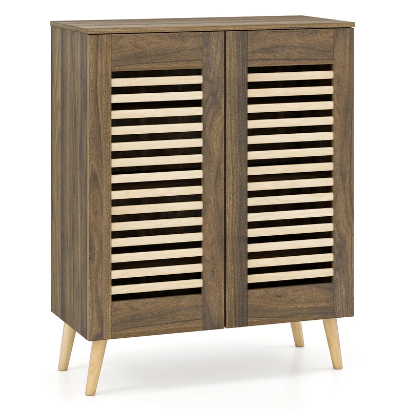 Shoe Cabinet with Louvered Doors and Removable Shelves, Walnut