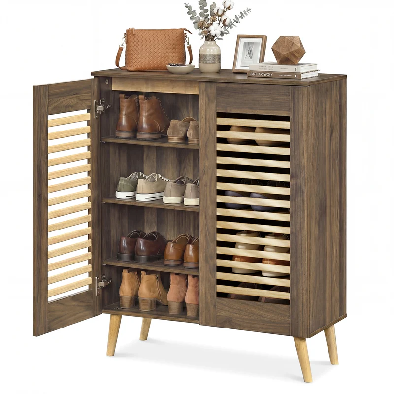 Shoe Cabinet with Louvered Doors and Removable Shelves, Walnut