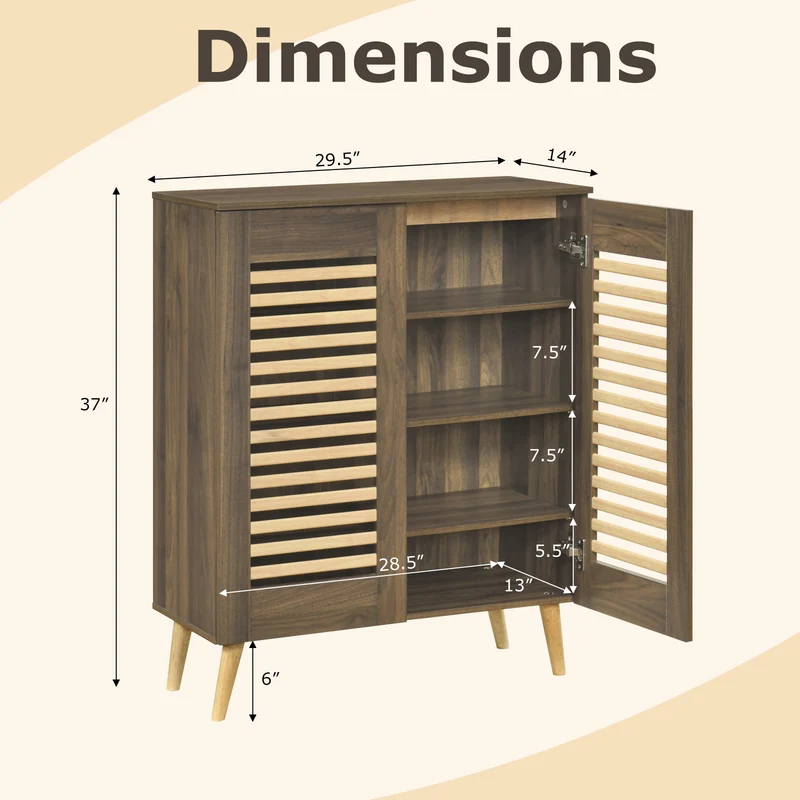 Shoe Cabinet with Louvered Doors and Removable Shelves, Walnut
