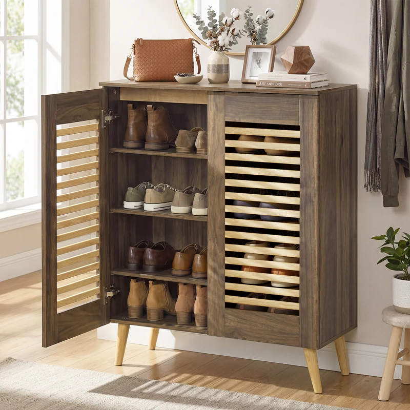 Shoe Cabinet with Louvered Doors and Removable Shelves, Walnut