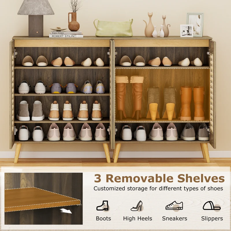 Shoe Cabinet with Louvered Doors and Removable Shelves, Walnut