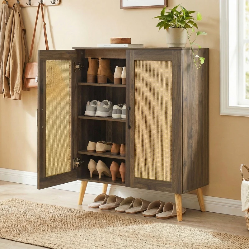 5-Tier Rattan Shoe Cabinewith 3 Removable Shelves, Walnut