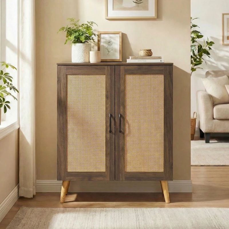5-Tier Rattan Shoe Cabinewith 3 Removable Shelves, Walnut