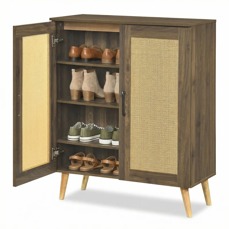 5-Tier Rattan Shoe Cabinewith 3 Removable Shelves, Walnut