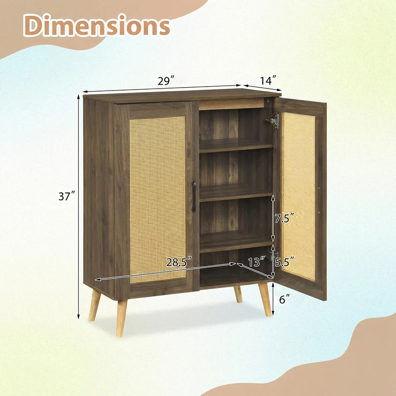 5-Tier Rattan Shoe Cabinewith 3 Removable Shelves, Walnut