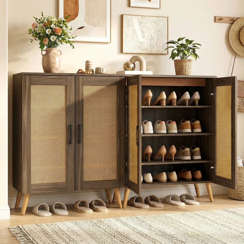 5-Tier Rattan Shoe Cabinewith 3 Removable Shelves, Walnut