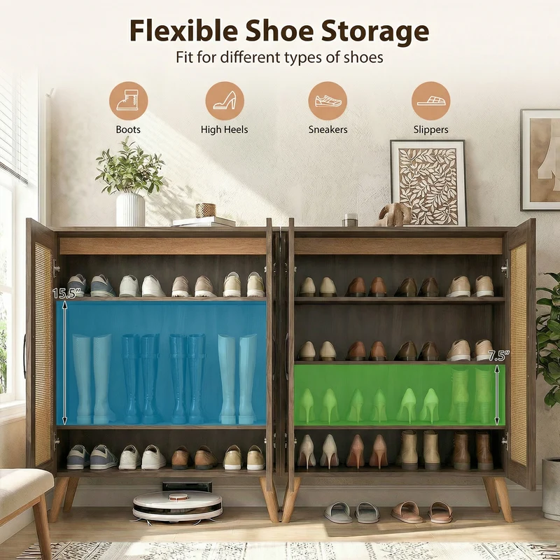5-Tier Rattan Shoe Cabinewith 3 Removable Shelves, Walnut