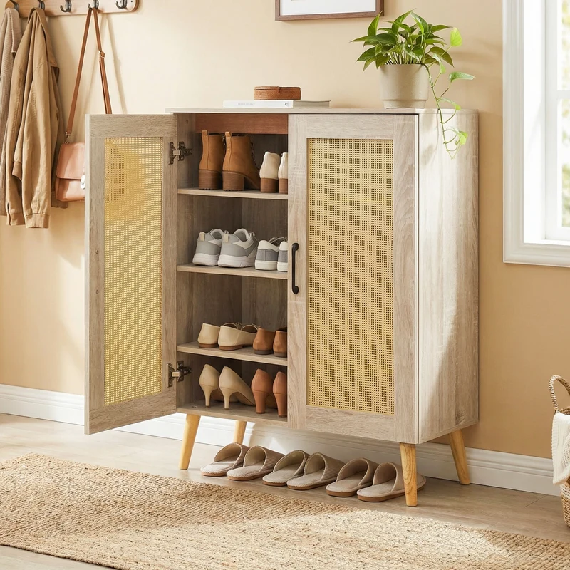 5-Tier Rattan Shoe Cabinewith 3 Removable Shelves, Natural