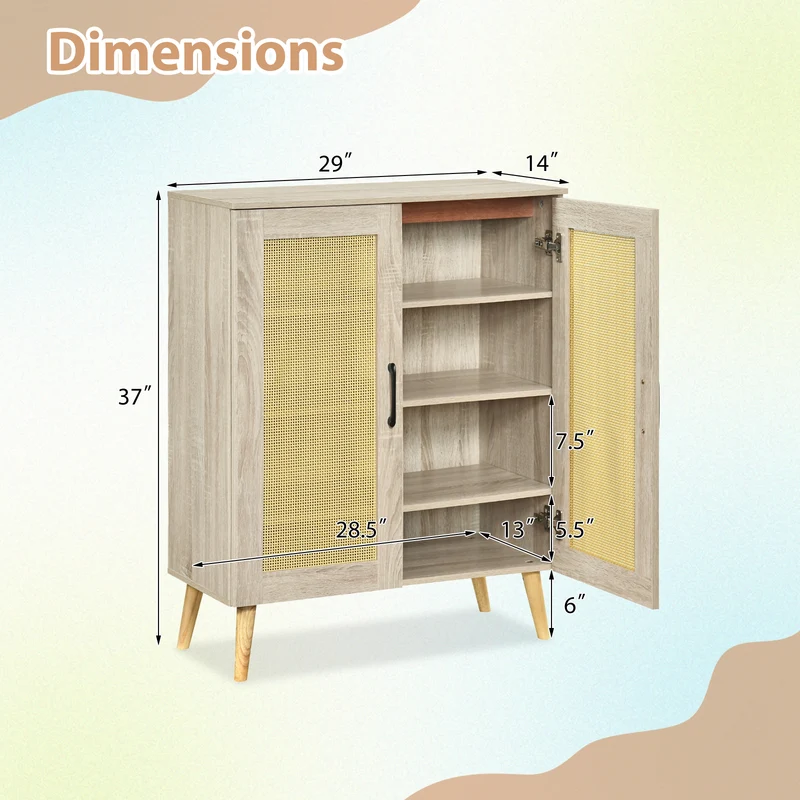 5-Tier Rattan Shoe Cabinewith 3 Removable Shelves, Natural