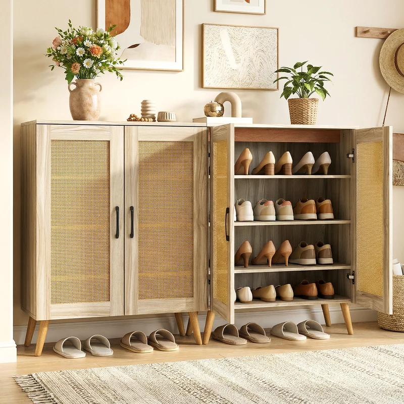 5-Tier Rattan Shoe Cabinewith 3 Removable Shelves, Natural