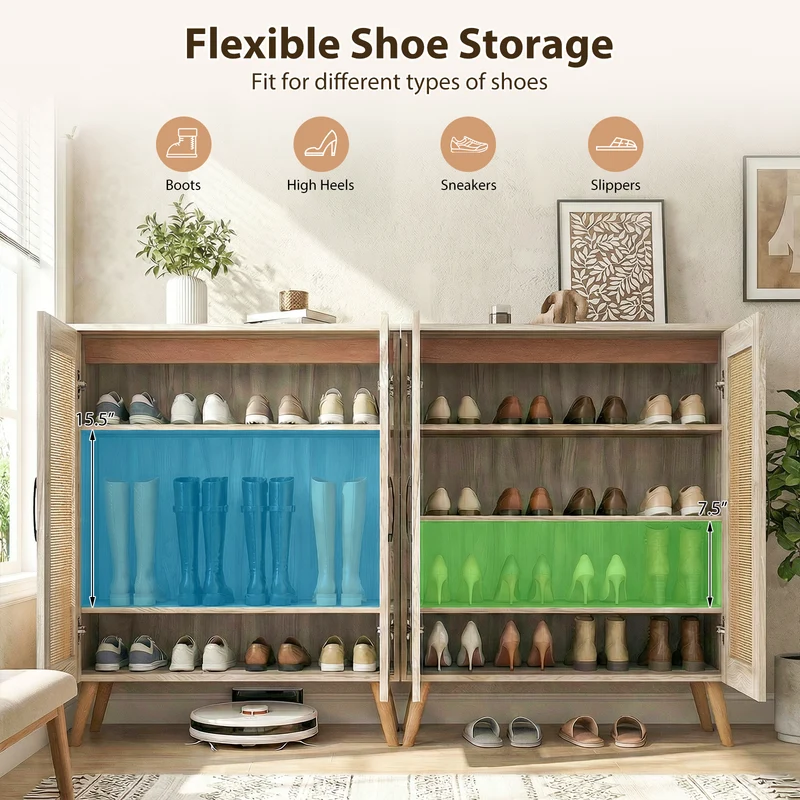 5-Tier Rattan Shoe Cabinewith 3 Removable Shelves, Natural